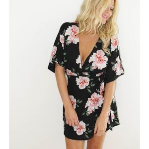 ❤Black pink floral wrap summer sun dress